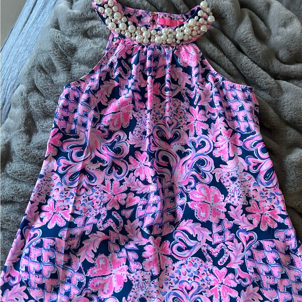 Lilly Pulitzer Shawn Pink and Blue Patterned Blouse with Pearl Embellishment